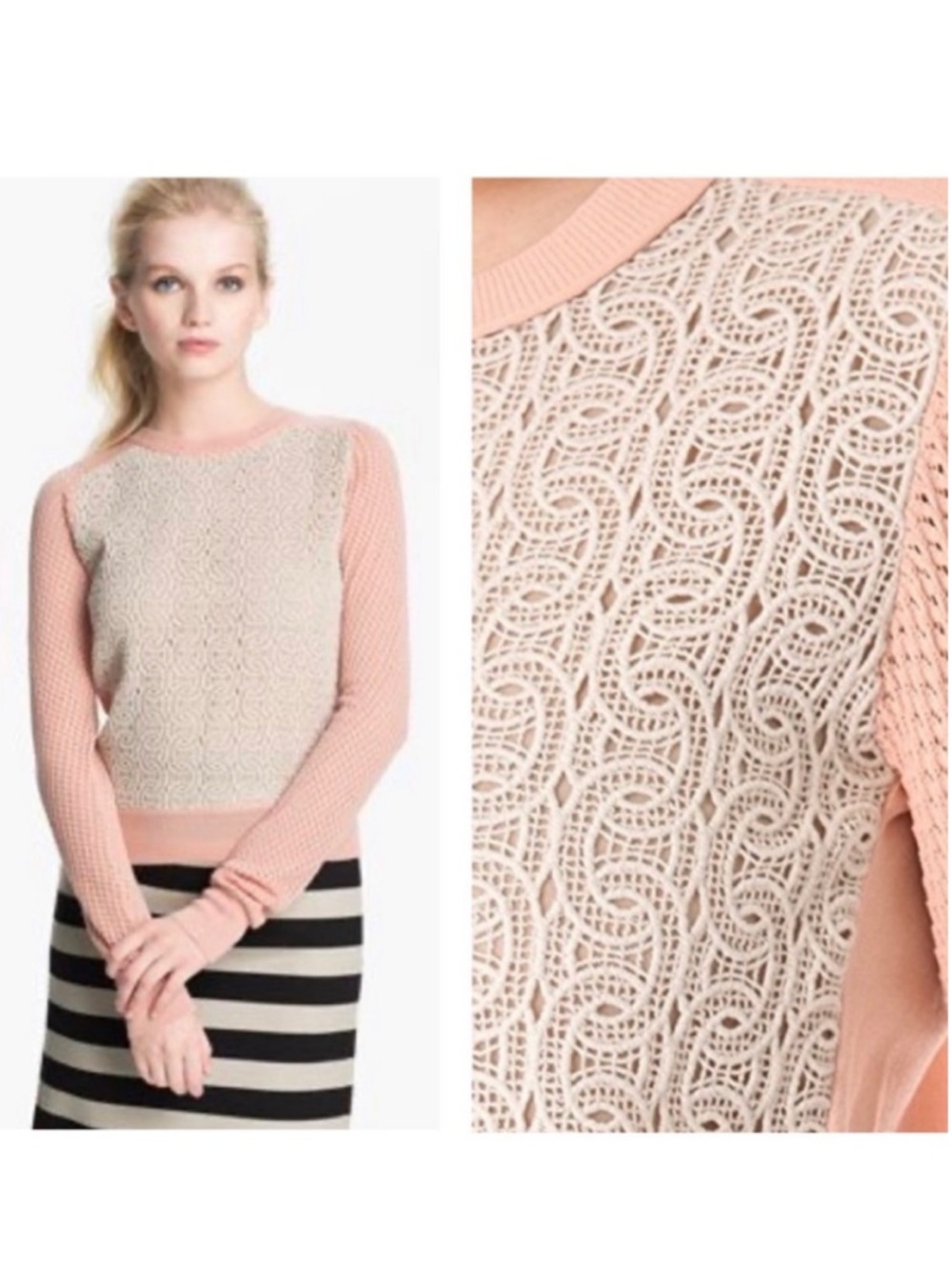 Diane Von Furstenberg Crochet Lightweight Long Sleeve Crewneck Sweater